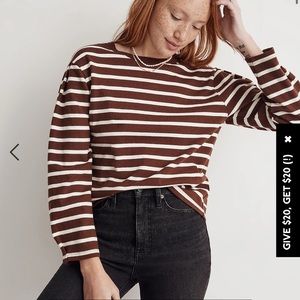 NWT Madewell Pleated Striped Long Sleeve T-Shirt in taupe color